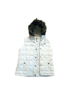 #24 GAP ~ True White Quilted Puffer Vest with Faux Fur Hood Zip and Snap Closure